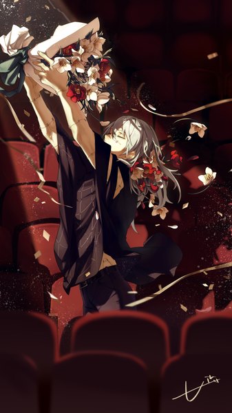 Anime picture 1769x3150 with jujutsu kaisen mappa mahito (jujutsu kaisen) air (ai r ) single long hair tall image fringe highres hair between eyes eyes closed grey hair arms up boy flower (flowers) bouquet confetti