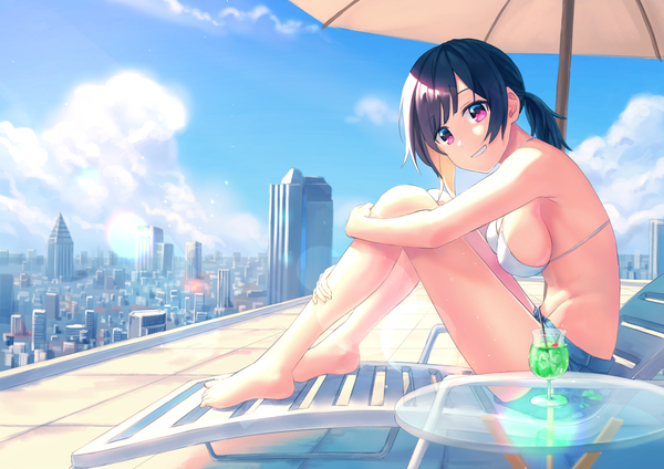 Anime picture 1754x1240 with original kurageso single looking at viewer fringe highres short hair breasts light erotic black hair smile sitting bare shoulders payot sky cloud (clouds) full body bent knee (knees) outdoors pink eyes