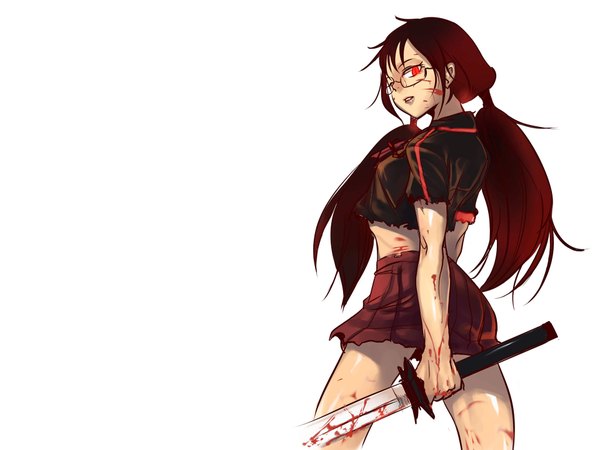 Anime picture 1920x1440 with blood c production i.g kisaragi saya single long hair highres black hair simple background red eyes white background twintails looking back torn clothes girl uniform weapon school uniform sword glasses katana