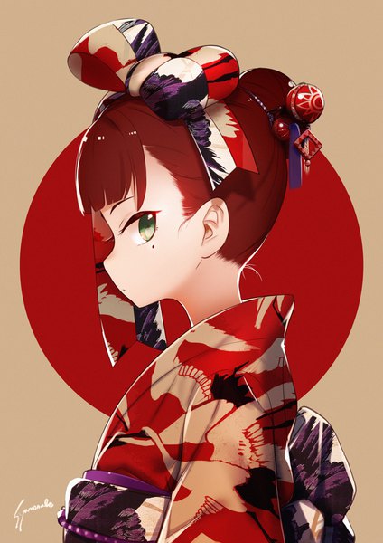 Anime-Bild 707x1000 mit wixoss anne (wixoss) shamonabe (pypyworks) single tall image looking at viewer fringe short hair brown hair green eyes signed upper body blunt bangs traditional clothes japanese clothes profile mole hair bun (hair buns) mole under eye portrait