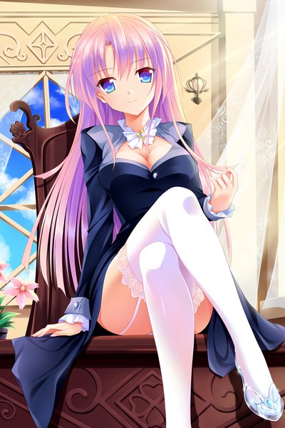 Anime picture 1000x1500 with original bashen chenyue single long hair tall image looking at viewer fringe breasts blue eyes light erotic smile sitting sky cleavage purple hair cloud (clouds) head tilt arm support legs crossed legs