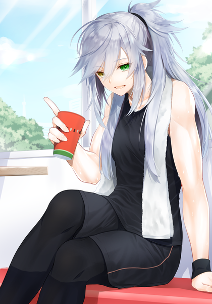 Anime picture 800x1142 with original dodome ichika waka (shark waka) single long hair tall image looking at viewer fringe breasts open mouth smile hair between eyes sitting holding green eyes yellow eyes payot silver hair ponytail :d