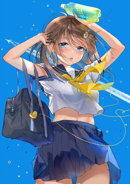 Anime picture 1900x2687 with original mirin boshi single long hair tall image looking at viewer blush fringe highres open mouth blue eyes hair between eyes brown hair standing sky upper body pleated skirt arms up :o midriff