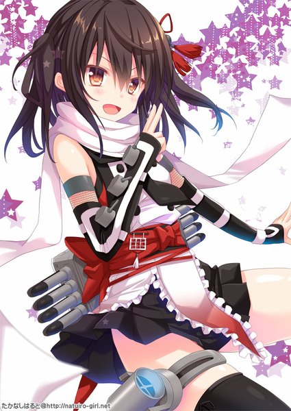 Anime picture 650x917 with kantai collection sendai light cruiser takanashi haruto single tall image blush short hair open mouth black hair smile yellow eyes :d pleated skirt two side up girl thighhighs skirt black thighhighs frills belt