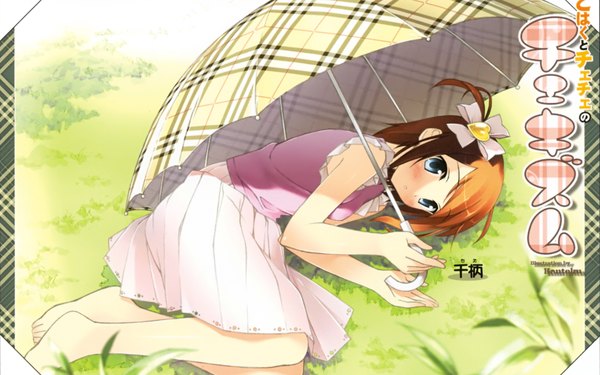 Anime picture 1920x1200 with 5 nenme no houkago (artbook) original miyaguchi kei single looking at viewer blush highres short hair blue eyes brown hair wide image signed lying barefoot orange hair shadow on back two side up framed plaid
