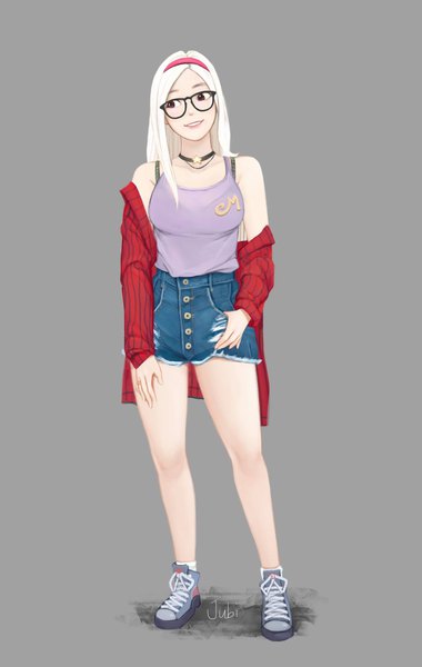 Anime picture 1299x2048 with original mio (jubi) jubi (regiana) single long hair tall image smile standing brown eyes signed looking away full body white hair parted lips lips bare legs girl choker glasses shoes