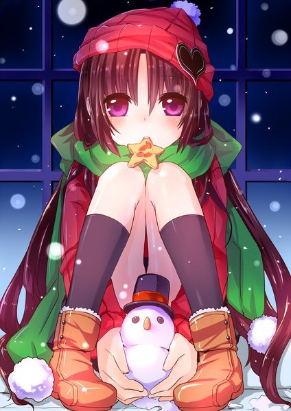 Anime picture 2046x2893 with little busters! key (studio) naoe riki komota (artist) single long hair tall image looking at viewer blush highres brown hair sitting holding pink eyes mouth hold convenient leg girl socks boots heart