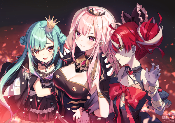 Anime picture 1698x1200 with virtual youtuber hololive hololive english hololive indonesia uruha rushia mori calliope mori calliope (1st costume) uruha rushia (3rd costume) kureiji ollie rosuuri long hair looking at viewer blush fringe breasts open mouth smile red eyes large breasts standing