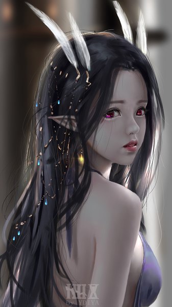 Anime picture 1080x1920 with original ydiya single long hair tall image looking at viewer breasts black hair red eyes parted lips pink eyes looking back lips pointy ears heterochromia glowing bare back girl hair ornament jewelry