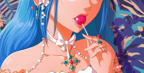 Anime-Bild 4096x2096 mit one piece toei animation nefertari vivi opalisart single long hair highres wide image bare shoulders holding blue hair absurdres lips piercing mouth hold ear piercing head out of frame food in mouth girl hair ornament