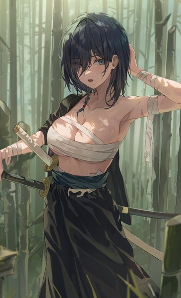 Anime picture 1975x3248 with original yokoyama ishimi 2gong (9ujin ) single tall image looking at viewer fringe highres short hair breasts open mouth blue eyes light erotic black hair large breasts standing outdoors braid (braids) arm up hair over one eye