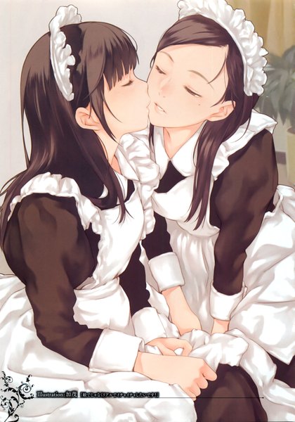 Anime picture 1260x1800 with original kamo (gafas) long hair tall image open mouth brown hair multiple girls eyes closed inscription maid shoujo ai almost kiss girl 2 girls headdress maid headdress apron