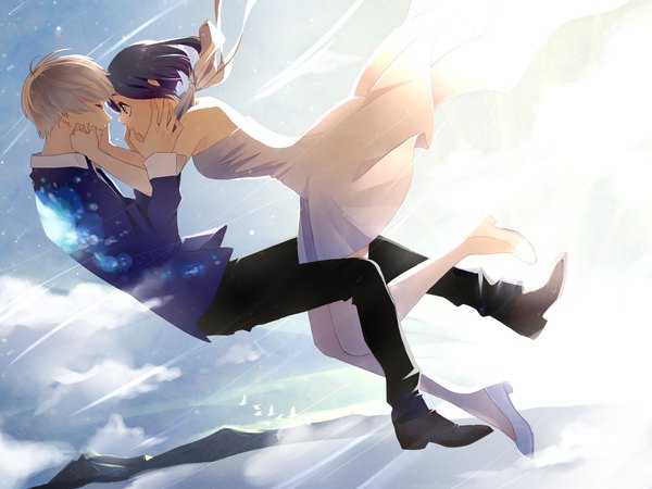 Anime picture 1600x1200 with original otton short hair black hair bare shoulders bent knee (knees) white hair eyes closed profile falling hands on another's face girl dress boy shirt white dress