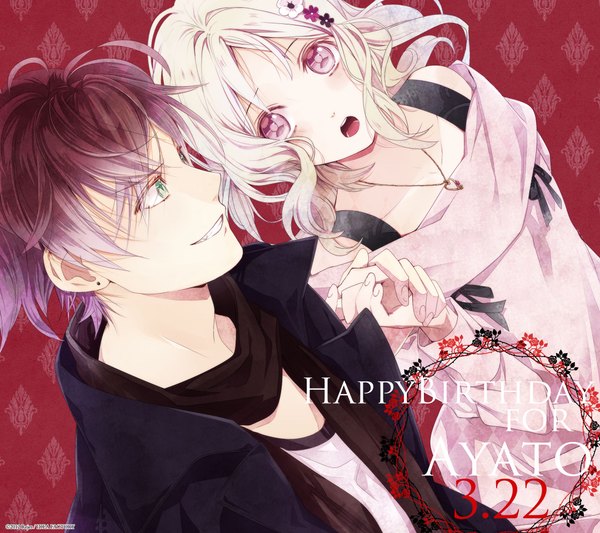 Anime picture 2160x1920 with diabolik lovers idea factory sakamaki ayato komori yui satoi (artist) long hair tall image blush highres short hair open mouth blonde hair smile brown hair green eyes white hair pink eyes inscription teeth fang (fangs)