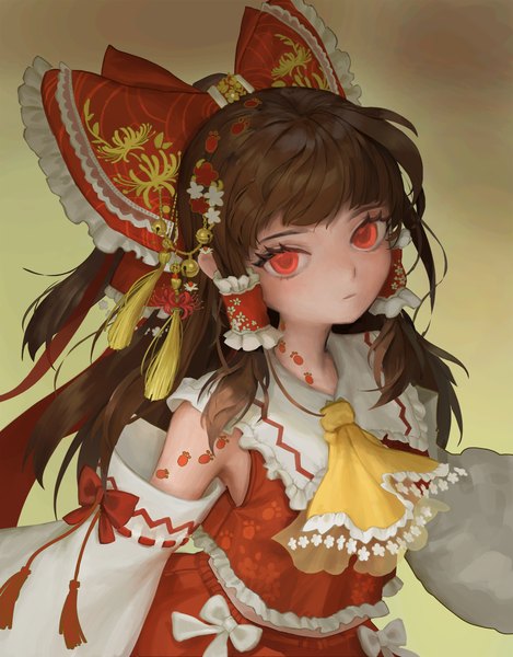 Anime picture 3000x3840 with touhou hakurei reimu wrist (wrist0000) single long hair tall image looking at viewer highres simple background red eyes brown hair upper body girl skirt bow hair bow detached sleeves skirt set hair tubes ascot