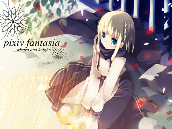 Anime picture 1000x750 with original pixiv fantasia pixiv fantasia wizard and knight rugo single short hair blue eyes blonde hair sitting inscription magic girl dress plant (plants) petals cape magic circle