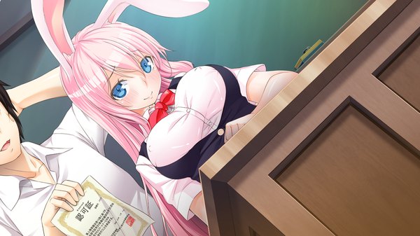 Anime picture 1280x720 with maternity monsters! long hair blush blue eyes smile wide image pink hair game cg bunny ears girl uniform school uniform