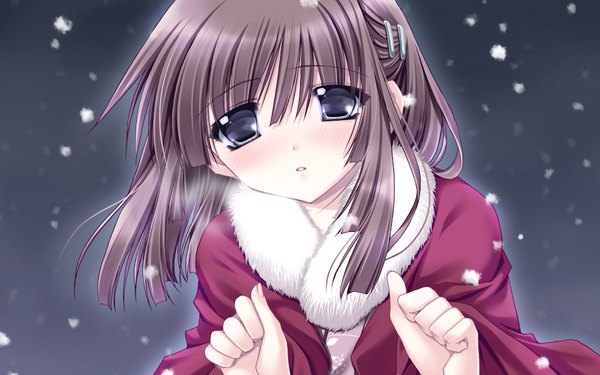 Anime picture 1024x640 with hatsukoi yohou (game) single short hair blue eyes black hair wide image game cg snowing winter exhalation snowflake (snowflakes)
