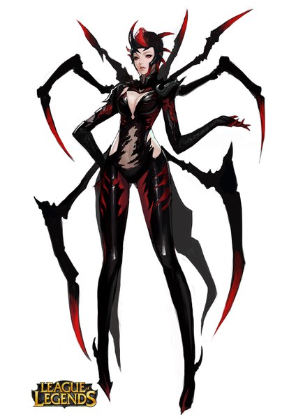 Anime picture 1059x1500 with league of legends elise (league of legends) sakusaku (frostce) single tall image looking at viewer breasts simple background red eyes white background lips monster girl girl insect spider