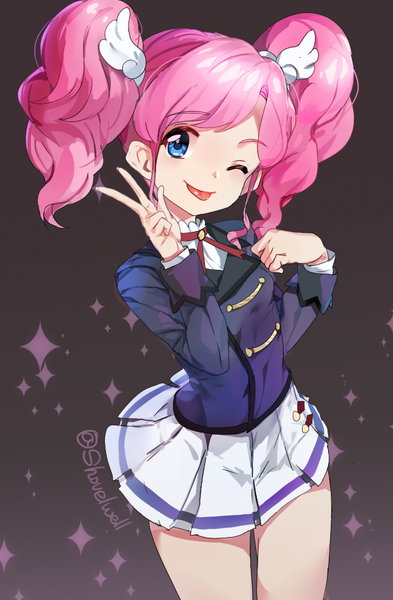 Anime picture 600x914 with aikatsu! amahane madoka shovelwall single long hair tall image looking at viewer blue eyes simple background smile twintails signed pink hair one eye closed from above wink sparkle victory dark background :p