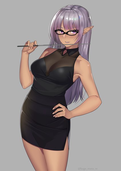 Anime picture 1251x1770 with original kagematsuri single long hair tall image looking at viewer blush fringe breasts simple background standing purple eyes signed payot purple hair parted lips light smile pointy ears grey background mole