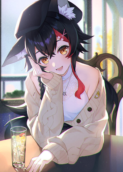 Anime-Bild 1323x1840 mit virtual youtuber hololive ookami mio ookami mio (5th costume) konatsu hare single long hair tall image looking at viewer fringe open mouth black hair hair between eyes sitting signed yellow eyes :d multicolored hair streaked hair twitter username