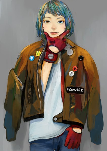 Anime picture 2827x4000 with original zashiki warashi (artist) single tall image looking at viewer blush fringe highres short hair blue eyes simple background standing brown eyes signed upper body multicolored hair grey background open jacket shadow heterochromia