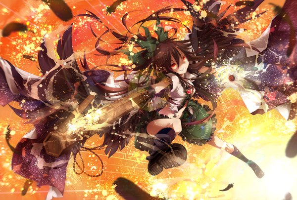 Anime picture 1641x1109 with touhou reiuji utsuho toutenkou single long hair black hair red eyes starry sky print arm cannon girl skirt bow weapon hair bow shirt wings boots feather (feathers) fire green skirt