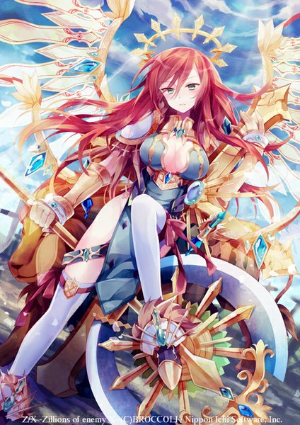 Anime picture 566x800 with original ibara riato single long hair tall image looking at viewer blush light erotic green eyes sky outdoors red hair head tilt sunlight leg lift (legs lift) sunbeam asymmetrical clothes girl boots armor