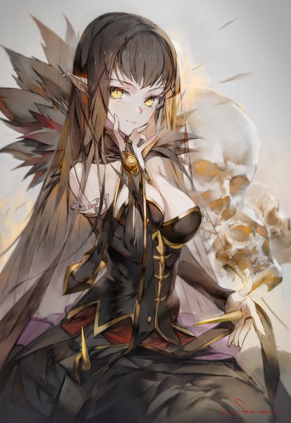 Anime-Bild 1082x1569 mit fate (series) fate/apocrypha semiramis (fate) hxxg single long hair tall image looking at viewer fringe breasts black hair large breasts yellow eyes cleavage light smile pointy ears hand on face girl dress skull