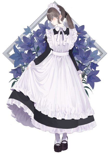 Anime picture 1500x2118 with original shii (kairi-t-k0317) single long hair tall image blush brown hair standing white background full body ponytail eyes closed long sleeves profile maid puffy sleeves turning head sleeves past wrists frilled dress floral background