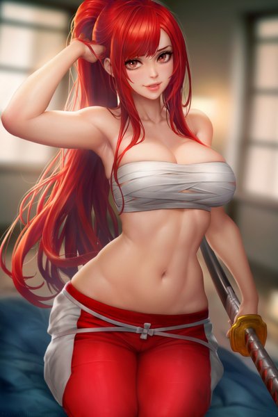Anime picture 2400x3597 with fairy tail erza scarlet nudtawut thongmai single long hair tall image looking at viewer blush fringe highres breasts light erotic smile red eyes large breasts sitting holding payot ponytail red hair