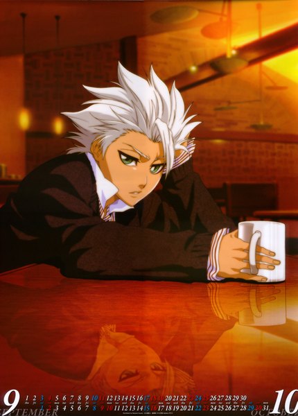 Anime picture 2866x4000 with bleach studio pierrot hitsugaya toushirou single tall image looking at viewer highres short hair open mouth sitting green eyes white hair inscription reflection open collar frown boy shirt sweater chair