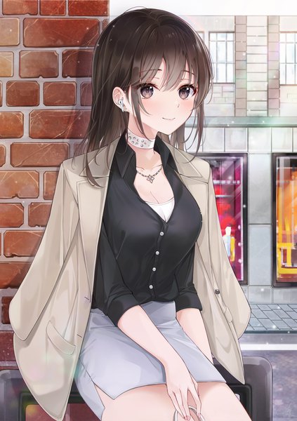 Anime picture 3711x5265 with original lebring single long hair tall image blush fringe highres breasts smile brown hair sitting brown eyes payot looking away absurdres cleavage outdoors open collar clothes on shoulders