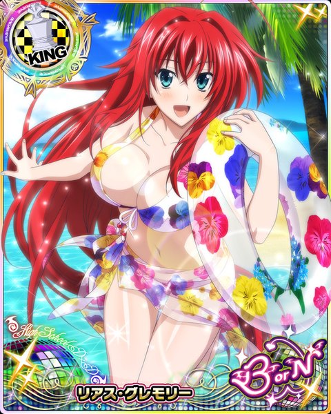 Anime picture 640x800 with highschool dxd rias gremory single tall image looking at viewer blush breasts open mouth blue eyes light erotic large breasts red hair very long hair card (medium) girl navel swimsuit plant (plants) bikini tree (trees)