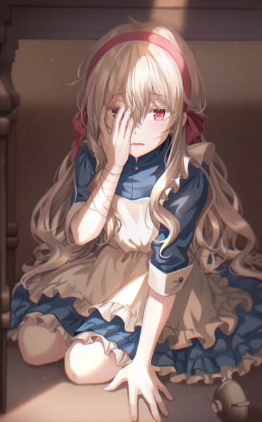 Anime picture 2256x3637 with kagerou project shaft (studio) mary (kagerou project) tokkyu single long hair tall image looking at viewer blush fringe highres open mouth hair between eyes red eyes sitting payot silver hair indoors fingernails arm support