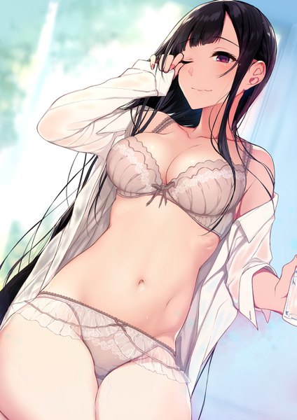 Anime picture 990x1400 with ane naru mono chiyo (ane naru mono) pochi (pochi-goya) single long hair tall image looking at viewer blush fringe breasts light erotic black hair purple eyes holding cleavage one eye closed light smile official art from below open shirt