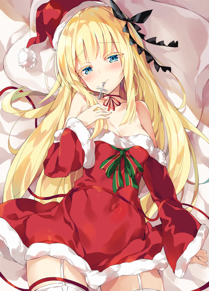 Anime picture 1148x1594 with kishuku gakkou no juliet lidenfilms juliet persia unacchi (nyusankin) single long hair tall image looking at viewer blush fringe blue eyes blonde hair bare shoulders holding payot indoors lying head tilt wide sleeves embarrassed