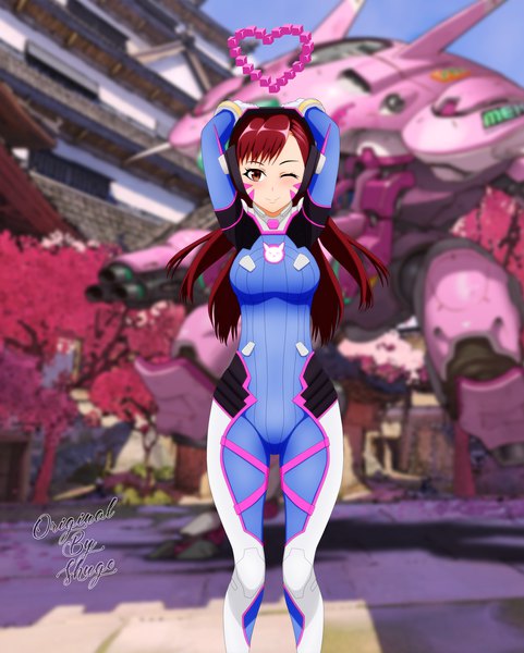 Anime picture 3000x3736 with overwatch blizzard entertainment d.va (overwatch) meka (overwatch) shugo19 single long hair tall image looking at viewer highres breasts smile brown hair standing brown eyes signed one eye closed blurry arms up facial mark