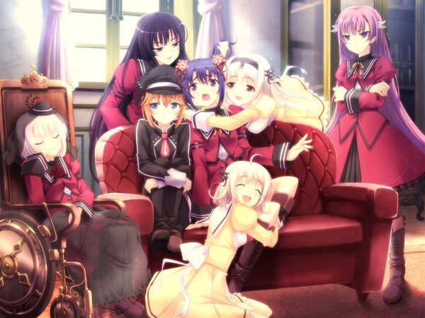 Anime picture 1600x1200 with tenshi no hane wo fumanaide long hair short hair open mouth blue eyes black hair red eyes multiple girls game cg purple hair white hair 6+ girls 7 girls girl serafuku couch