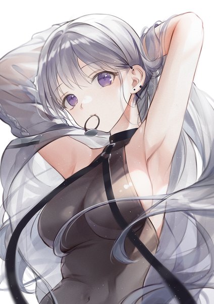 Anime picture 1500x2122 with original minncn single long hair tall image looking at viewer fringe breasts light erotic simple background large breasts white background purple eyes holding upper body grey hair arms up armpit (armpits) piercing mouth hold
