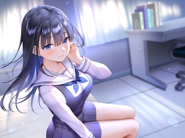 Anime picture 2800x2100 with original re:shimashima single long hair looking at viewer blush fringe highres breasts blue eyes black hair hair between eyes sitting indoors long sleeves parted lips blurry depth of field girl skirt