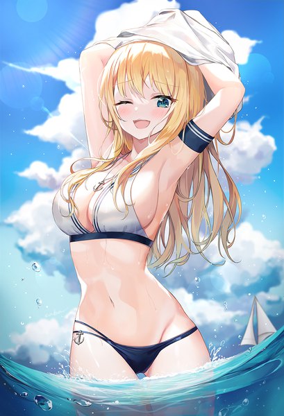 Anime picture 886x1300 with original minari (lmina09) single long hair tall image looking at viewer blush fringe breasts open mouth blue eyes light erotic blonde hair smile large breasts standing sky cloud (clouds) blunt bangs one eye closed