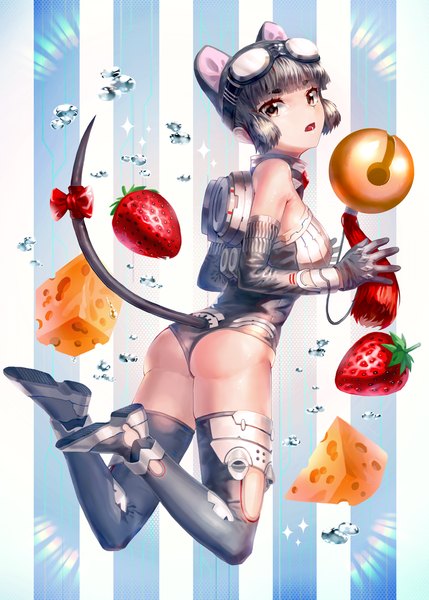 Anime picture 822x1150 with original kfr single tall image short hair open mouth light erotic bare shoulders brown eyes animal ears ass tail animal tail grey hair mouse ears mouse tail girl gloves elbow gloves food