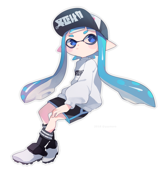 Anime picture 906x983 with splatoon splatoon 2 nintendo inkling captain yue single long hair tall image blue eyes simple background white background sitting blue hair looking away full body pointy ears blush stickers tentacle hair girl shorts