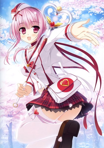 Anime picture 3241x4603 with original eshi 100-nin ten yamakaze ran long hair tall image blush highres open mouth light erotic red eyes pink hair absurdres cherry blossoms girl thighhighs skirt miniskirt petals white thighhighs bag