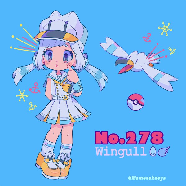 Anime picture 1981x1981 with pokemon nintendo wingull mameeekueya single long hair looking at viewer highres simple background standing twintails signed full body character names twitter username low twintails blue background arm behind back personification blush stickers