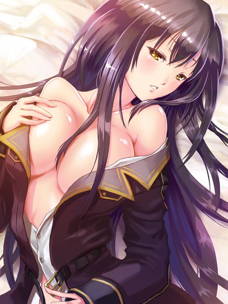 Anime picture 1200x1600 with original 5-dimensional skaters long hair tall image blush breasts light erotic black hair yellow eyes lying open clothes girl