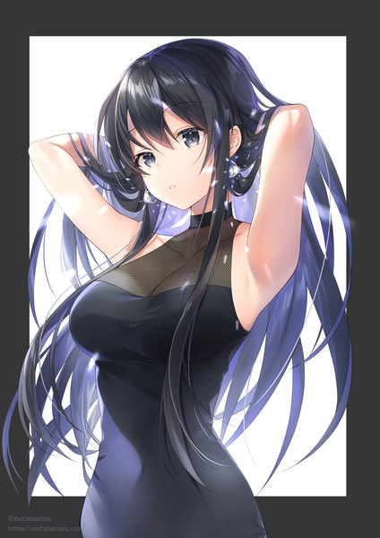 Anime picture 2480x3508 with original kagachi saku single long hair tall image looking at viewer fringe highres breasts black hair simple background hair between eyes standing parted lips black eyes arms up sparkle armpit (armpits) adjusting hair border