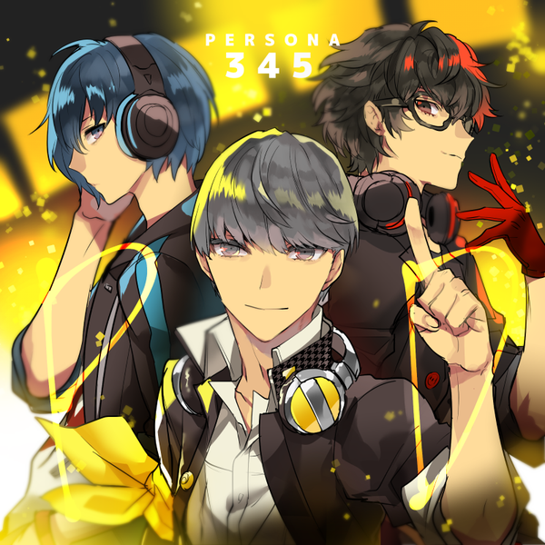 Anime picture 800x800 with persona 5 persona 4 persona 3 persona amamiya ren narukami yuu arisato minato mami (apsaras) looking at viewer short hair blue eyes black hair brown eyes blue hair upper body profile light smile grey hair black eyes inscription